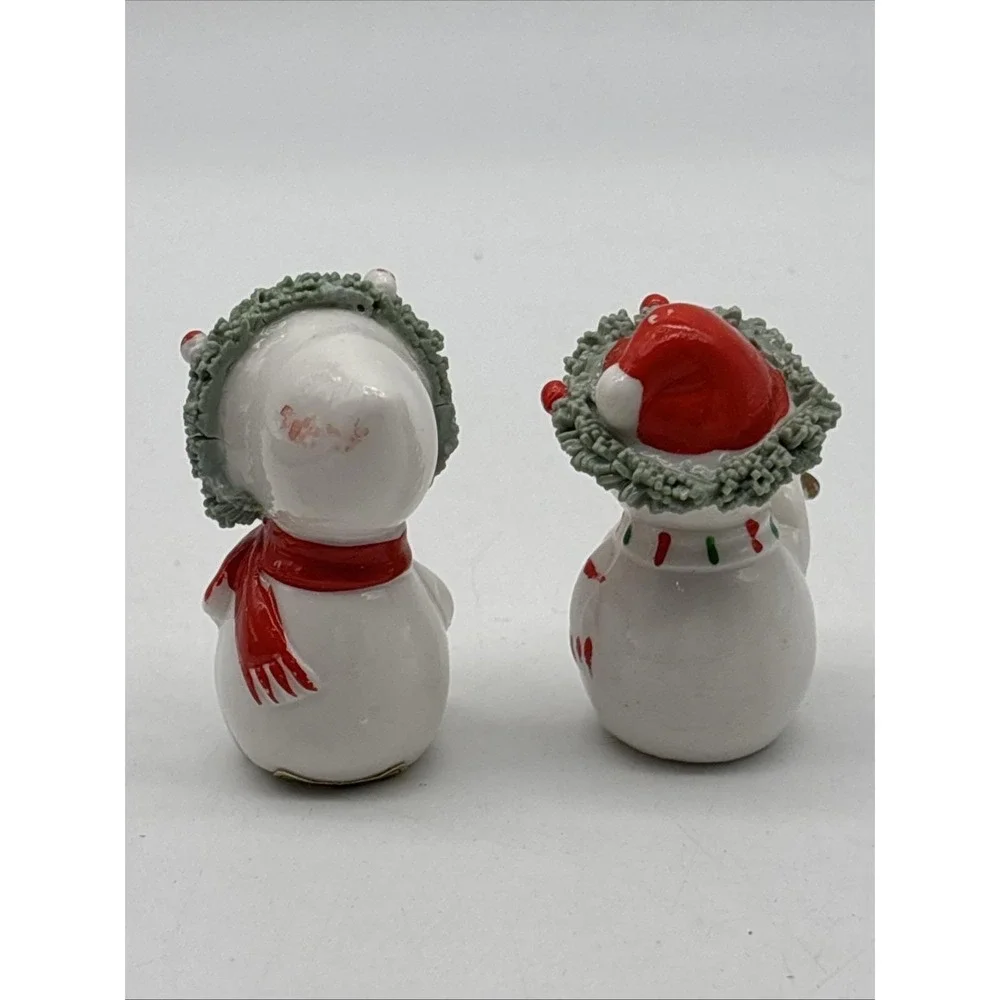 Vintage Christmas Snowmen Couple Spaghetti String 1940s Figurines UCCC Taiwan